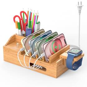 Pezin & Hulin 644824568430 Bamboo Charging Station For Multiple Devices With 5 Port Usb Charger Charg