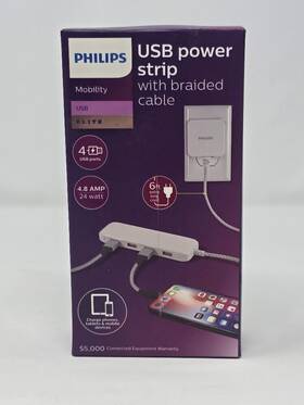 Philips 030878451932 4-port Slim Desktop 4 Usb Charger 5ft Braided Cord - White Used