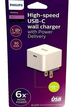 Philips 030878536769 High-speed Usb-c Wall Charger With Power Delivery 30w 6x More White