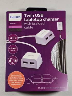 3723 Philips Phillips Twin Usb Tabletop Charger White With Braided Cable 8 Foot Cords New
