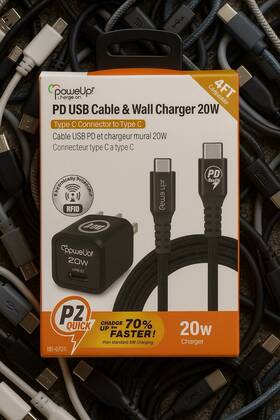 Powerup 192768060317 Usb Cable And Wall Charger 20w - Type C Connector To 4ft