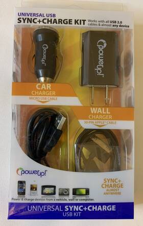 Powerup 856224051201 Universal Usb Sync Charge Kit Car And Wall Chargers Micro 30-pin New