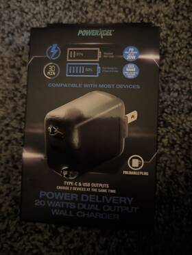 Powerxcel 841133124108 20 Watts Dual Output Wall Charger Type-c And Usb Outputs Black