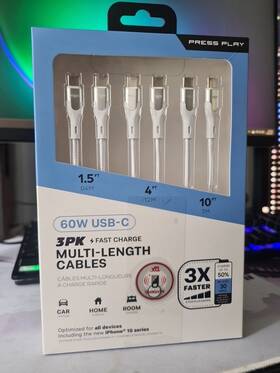 Press Play 789889695391 60w Usb-c-usb-c Usb3pk Fast Charge Multi-length Cables 1.5ft/4ft/10ft
