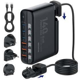 1cable Qeneq 745028414636 Gan 140w Usb C Charger Block 6 Port Multi 140w&4plug&1cable&cord