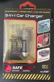 Safe Tech 3-in-1 Usb Car Charger With Glass Breaker And Seat Belt Cutter Black