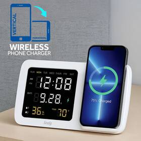Sl-hw-ac-003-wt Sealy Wireless Phone Charging Stand With Alarm Clock Calendar Temp Humidity Display