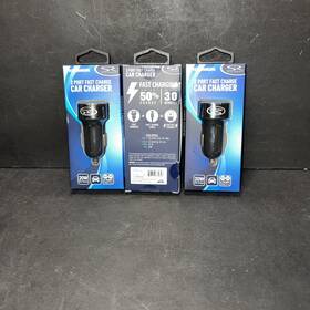 Solaray 608707684648 3 Pack Of Dual Port Fast Charge Car Chargers - 20w Usb A C New Black