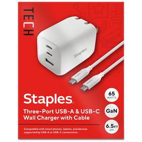 St62326 Staples Tech Gan Usb-a/usb-c Wall Charger With Cable 65w White