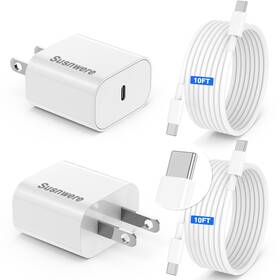 2pd-3 Susnwere 10ft-white-pcc-22us 2-pack 20w Usb C Charger For Iphone 17 Air/16/15/pro Max With Long 10ft