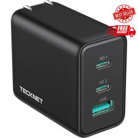 Tk-pc016 Tecknet Usb C Charger 65w Pd 3.0 Gan Type Foldable Adapter With 3-port Fast Wall