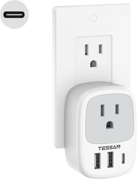 Ts-ws05us00 Tessan Wall Charger Block 3 Usb Charging Ports 1 C And Ac Outlet Grey