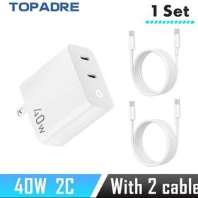 40w-2c Topadre 40w 2-port Usb-c Wall Charger Set With 2 Charging Cables White