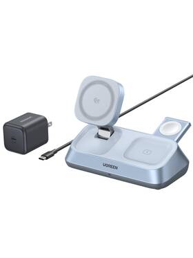 55676 Ugreen 25w Qi2 Certified 3-in-1 Magflow Wireless Charging Stand Magsafe Grey