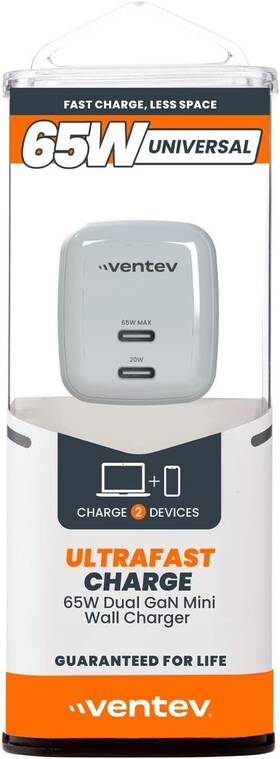 Wc65-hdbx-83820 Ventev - 65w Ultrafast Usb C Universal Dual Gan Mini Wall Charger Gray