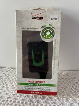 Verizon 097738580386 New Micro Draw Wall Charger Usb 9 Foot Cord - Energy Conserving