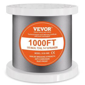 T316 Vevor 197988091073 Stainless Steel Cable 1/8 Inch 7x7 Wire Rope 1000 Ft Railing