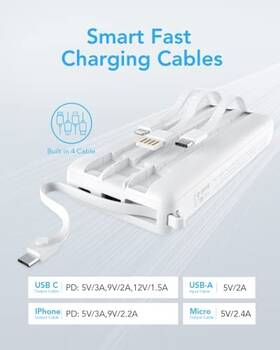 Vrurc 008678953727 Portable Charger 20000mah Built-in Cables Fast Charging - White