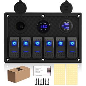 Qypcmy0010 Xhtechnology 6 Gang Rocker Switch Panel Led Digital Voltmeter With 3.1a Dual Usb Charger