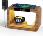 Alltripal Bamboo Charging Station With Alarm Clock, 15W Fast Wireless Charger. Fixed Price $40.00.