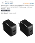 Amazon Basics 12W Port Usb-a Wall Charger (2.4A) For Phones Pack Of 2, Black. Fixed Price $10.00.