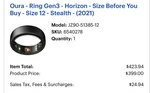 Oura Ring GEN3 - Horizon Stealth Size 12. Fixed Price $93.00.