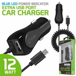 Micro Usb Car Charger With Extra Port High Powered 12 Watt Coiled Cable. Fixed Price $7.99.