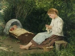 Young Girl Sewing Baby Sitting Cradle Albert Anker. Fixed Price $15.95.