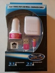 New Solaray 3 In 1 Dual Usb Car & Wall Charger With Micro Cable, White Pnk. Fixed Price $7.99.