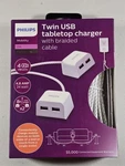 Philips Twin Usb Tabletop Charger White W/ Braided Cable 8 Foot Cords New. Fixed Price $17.22.