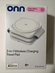 Onn 3 1 Wireless Charging Travel Pad, Phone/watch/earphones, New. Fixed Price $23.99.